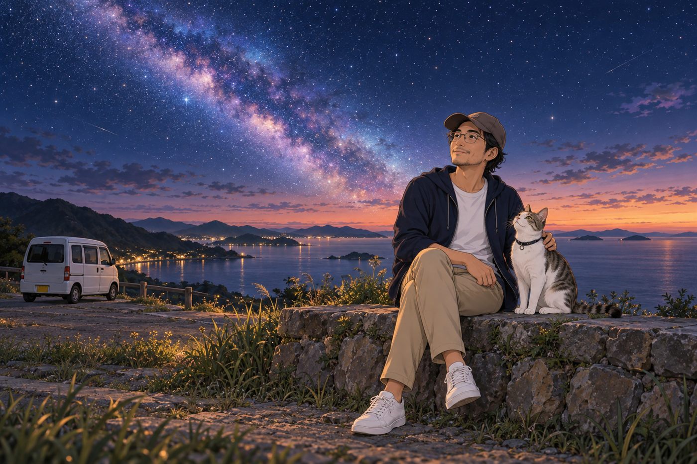 海を見下ろす石垣に所長が腰かけ、隣に座る白キジ猫のトムと一緒に天の川を見上げているイラスト